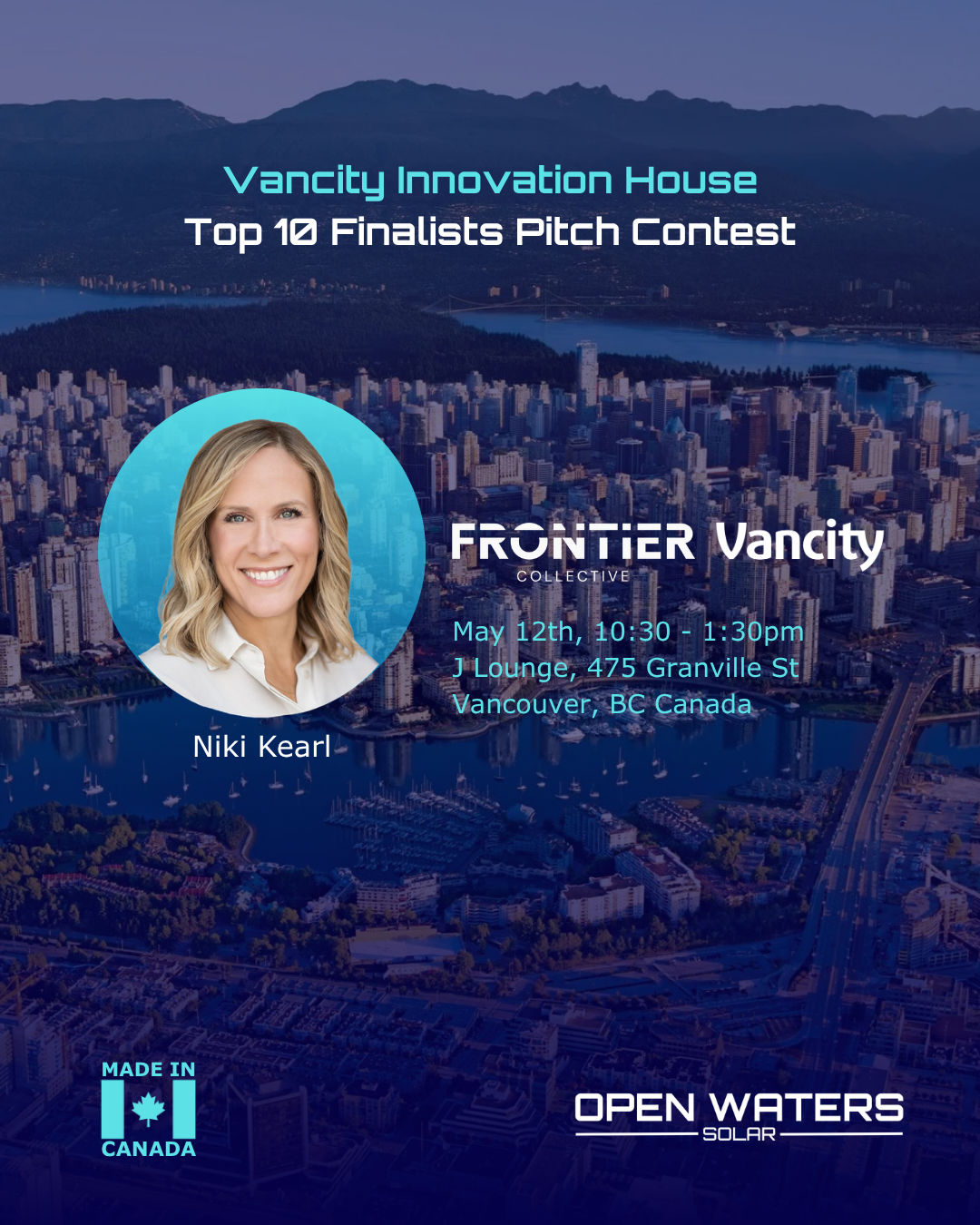 Open Waters Solar Named Top 10 Finalist at Frontier Collective’s Vancity Innovation House Pitch Competition During Web Summit Week